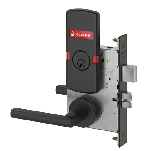 Corridor Mortise Lock C Keyway with Latitude Lever and A Rose with Outside Vacant Occupied Indicator Matte Black Finish