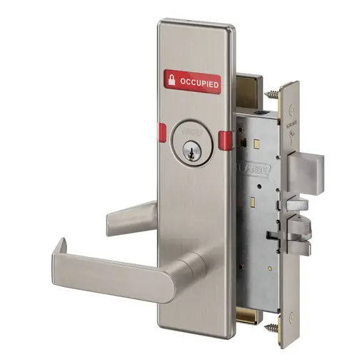 Right Hand Faculty Restroom Mortise Lock C Keyway with 06 Lever and N Escutcheon with Vacant / Occupied Indicator Satin Stainless Steel Finish