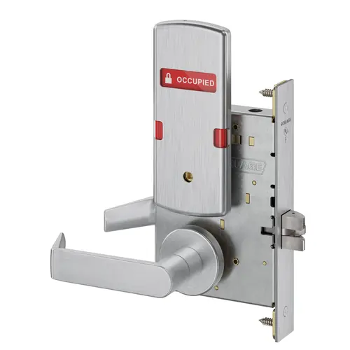 Vandlgard Bed / Bath Privacy Mortise Lock with 06 Lever and A Rose with Outside Occupied Indicator Satin Chrome Finish