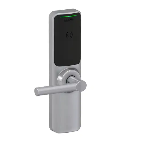 XE360 Series Wireless Exit Trim with Wide Escutcheon for Von Duprin 22 SVR Device, Offline Indicator Function with Smart Mobile Reader, Broadway Lever, and 6 Pin C Keyway Satin Chrome Finish