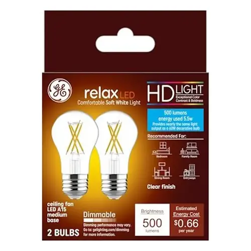 GE 46662 Relax Series Ceiling Fan Light Bulb, High-Definition, A15 Lamp, 60 W Equivalent, Medium Lamp Base, Yes, Clear - pack of 2