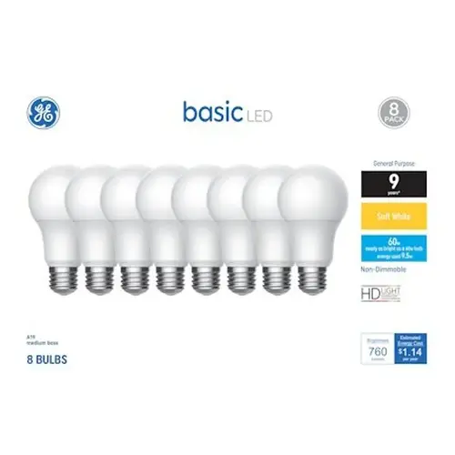 GE 46778 Basic Series Light Bulb, neral-Purpose, A19 Lamp, 60 W Equivalent, E26 Medium Lamp Base, Frosted, Soft White
