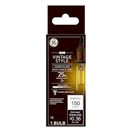 GE 93129849 Light Bulb, Vinta Style, T8 Linear Lamp, 25 W Equivalent, E12 Candelabra Lamp Base, Yes, Clear