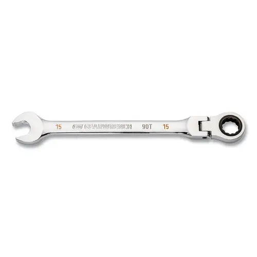 GEARWRENCH 86715 90-Tooth 12 Point Flex Head Ratcheting Combination Wrench, Metric, 15 mm