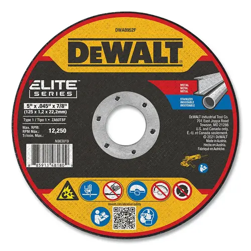 Elite Series  Cutting Wheel, Type 1, 5 in dia, 0.045 in Thick, 7/8 in Arbor Hole, 46 Grit, Ceramic, 12200 RPM