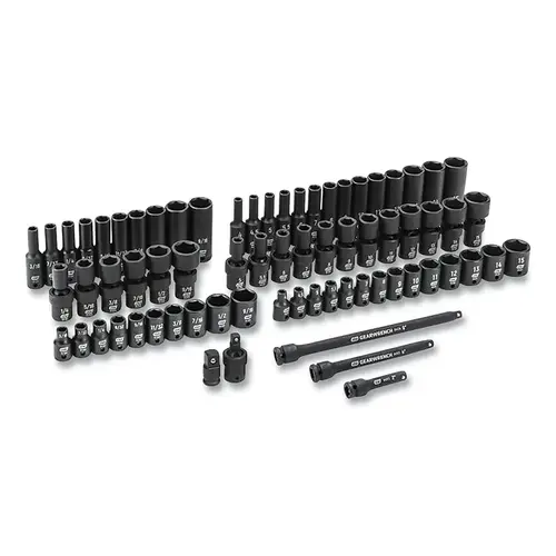 Impact Socket Set, 1/4 in Dr, 6-point, SAE/Metric, 3/16 in to 15 mm, 71-Pc Deep/Standard Lengths, Incl Univ Jt/Blow Mold Case