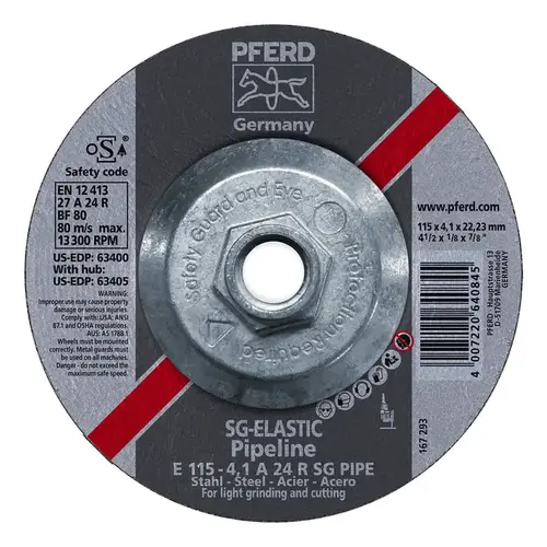 PFERD 63405 Type 27 Premium Performance SG Pipeliner Cut-Off Wheel, 4-1/2 in Dia, 1/8 in Thick, 24 Grit, Alum Oxide