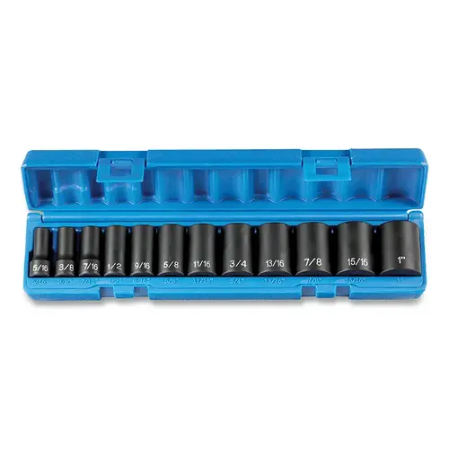 Impact Socket Set, 3/8 in Dr, SAE, 12-point, 5/16 in to 1 in, 12-Pc Semi-Deep Length