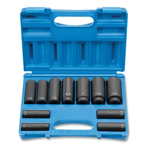 Impact Socket Set, 1/2 in Dr, SAE, 8-point, 1/2 in to 1-1/8 in, 11-Pc Deep Length