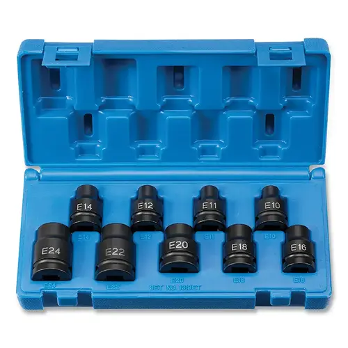 Impact Socket Set, 1/2 in Dr, ET, E10 to E24, 9-Pc STD Length External Star