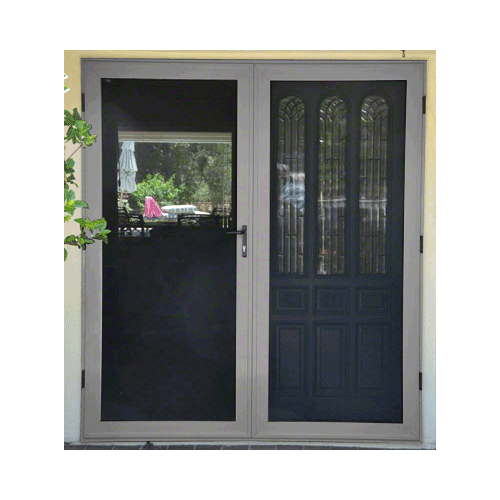 Security Screen Sahara Gray Finish 3-Sided Custom Size Premium French Security Door With Active Door on Left