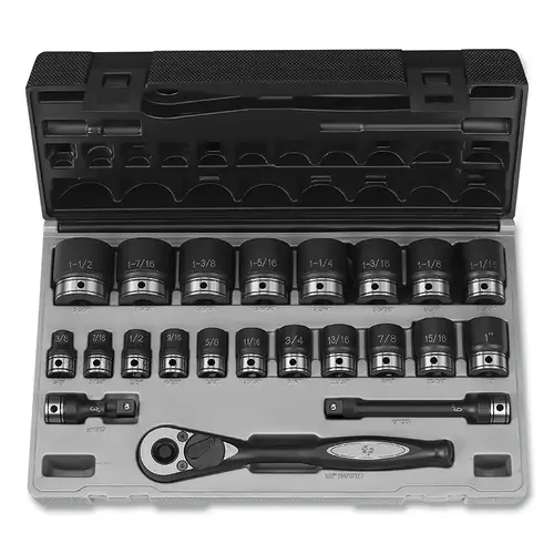 Duo-Socket  Impact Socket Set, 1/2 in Dr, 12 -pt, Std, Incl (19) SAE SKTs/Ratchet/Exts/Case, 22 Pc