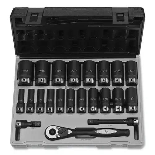 Duo-Socket  Impact Socket Set, 1/2 in Dr, 12-pt, Deep, Incl (19) SAE SKTs/Ratchet/Exts/Case, 22 Pc