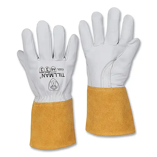 Tillman 1332S TIG Welding Gloves, 1332, Top Gr Goatskin Palm/BOH/Cuff, Sm, Pearl/Bourbon Brn, 4 in L Shirred Cuff