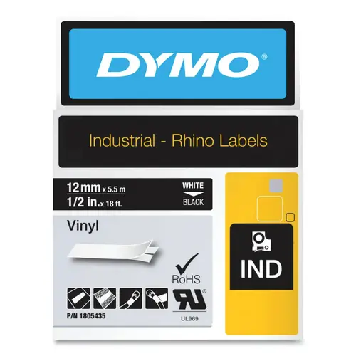 Dymo 1805435 Industrial Rhino  Vinyl Label Cartridge, 1/2 in W x 18 ft L, White Print on Black Background