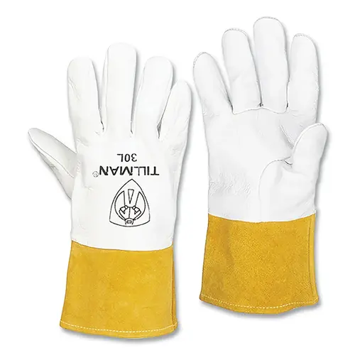 Tillman 30S-XCP1 TIG Welding Gloves, 30, Top Gr Pigskin Palm/BOH/Split Cowhide Cuff, Sm, Pearl/Bourbon Brn, 4 in L Straight Cuff Pair