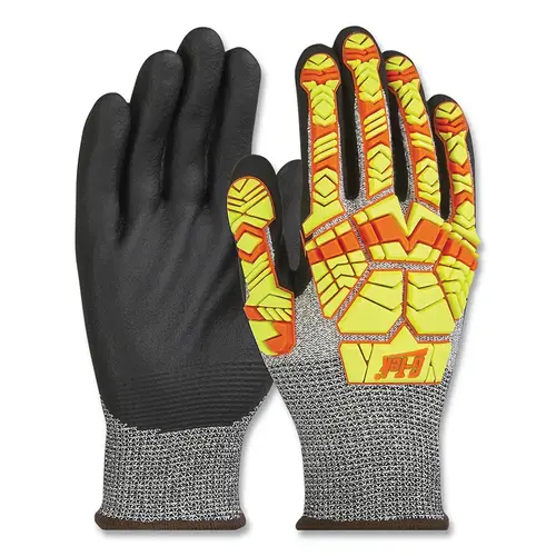 G-TEK 16-MP230HV/XL PolyKor  Seamless Knit Coated Gloves, Impact Protection, Nitrile Foam Grip, X-Large, Hi-Vis Orange/Yellow, Salt and Pepper - pack of 6