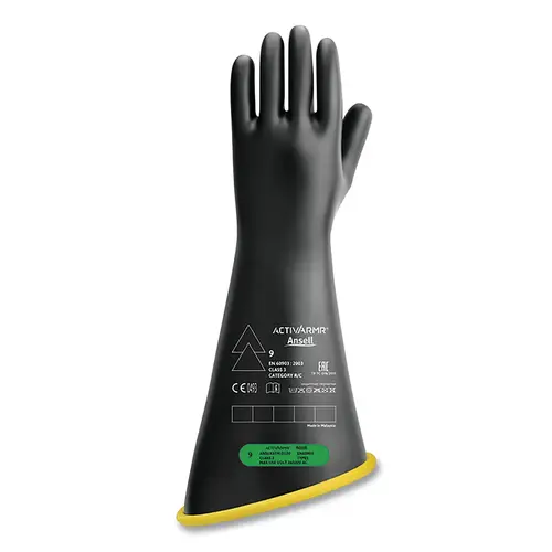 ActivArmr RIG318YBCC090 RIG Electrical Insulating Gloves, 18 in L, Class 3, Size 9, Black/Yellow, Contour Cuff Pair