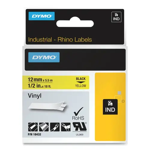 Dymo 18432 Industrial Rhino  Vinyl Label Cartridge, 1/2 in W x 18 ft L, Black Print on Yellow Background