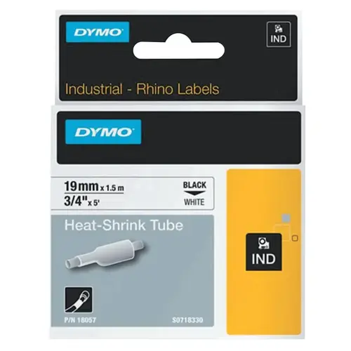 Dymo 18057 Heat-Shrink Tube, 3/4 in W x 5 ft L, Black on White