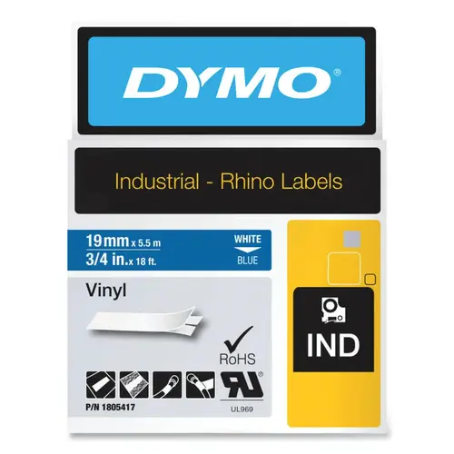 Dymo 1805417 Industrial Rhino  Vinyl Label Cartridge, 3/4 in W x 18 ft L, White Print on Blue Background