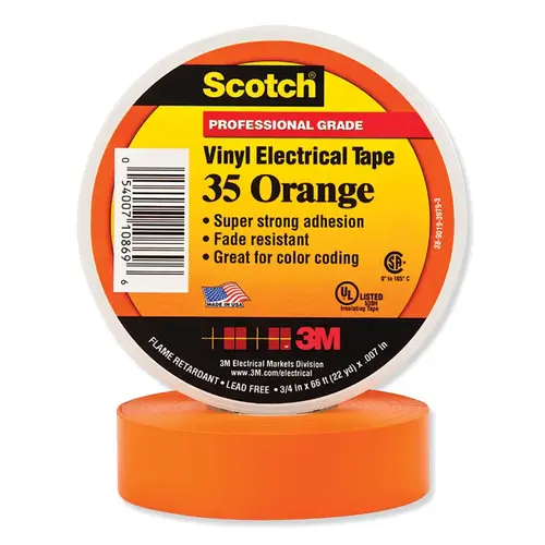 SCOTCH 108696 Vinyl Electrical Color Coding Tape, 35, 3/4 in W x 66 ft L, Orange