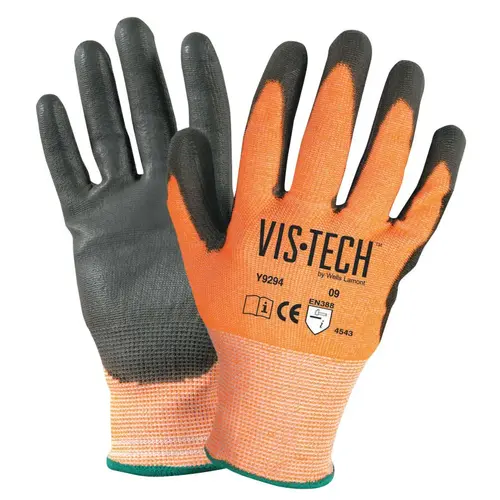 Wells Lamont Y9294S-XCP1 Vis-Tech Cut-Resistant Gloves with Polyurethane Coated Palm, Small, Orange/Black Pair