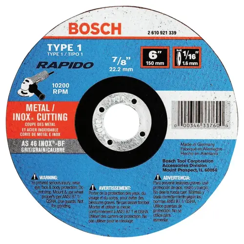 Rotozip TCW1S600 Thin Cutting/Rapido Type 1A (ISO 41) Wheels, 6 X 1/16, 7/8 in Arbor, AS60INOX-BF