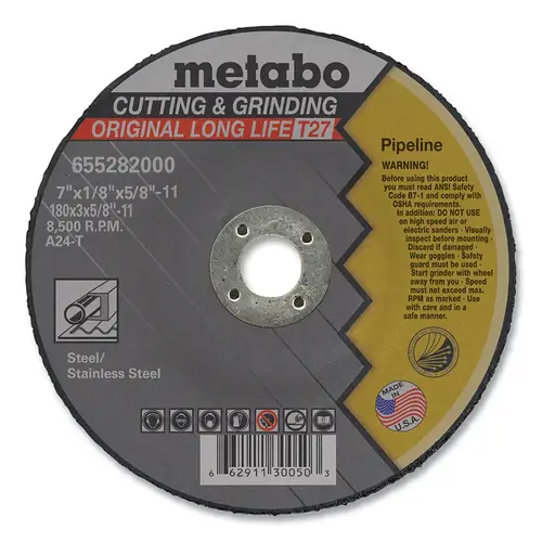 Type 27 Pipeline Grinding/Notching/Cutting Wheel, 7 in dia x 5/8 in-11 Arbor x 1/8 in Thick, A24T - pack of 10