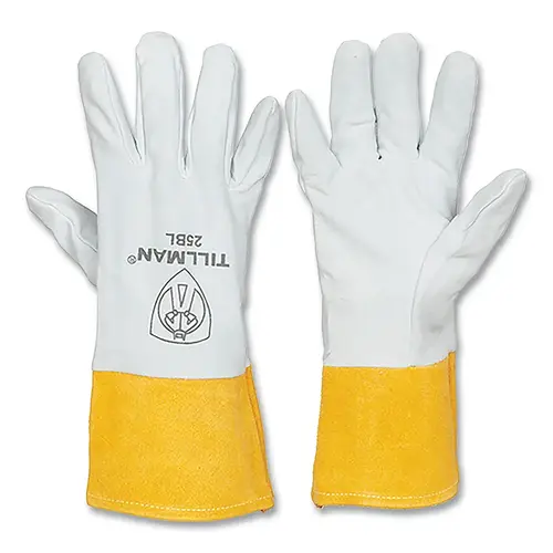 Tillman 25BS-XCP1 TIG Welding Gloves, 25B, Split Deerskin Palm/BOH/Split Cowhide Cuff, Sm, Pearl/Bourbon Brn, 4 in L Straight Cuff