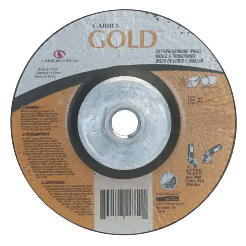 Carborundum 05539504718 Gold AO Depressed Center Wheel, 9 in dia, 1/8 in Thick, 5/8 in Arbor, 24 Grit