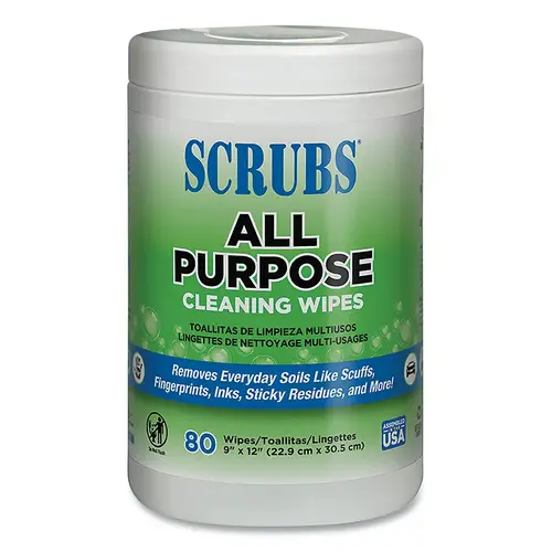SCRUBS 96580 All Purpose Cleaning Wipes, 80 wipes, over-sized cannister, 9 in x 12 in - pack of 6