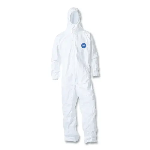 DuPont TY127S4XL Tyvek  400 Coverall, Serged Seam, Attached Hood, Elastic Waist, Elastic Wrists and Ankles, Front Zipper, Storm Flap, Wht, 4XL White