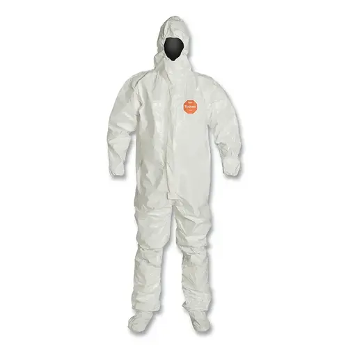 DuPont SL128TWHMD000600 Tychem  4000 Coverall,Taped Seam, Attached Hood and Sock, Elastic Wrist, Boot Flap, Zipper Front, Storm Flap, White, Medium - pack of 6