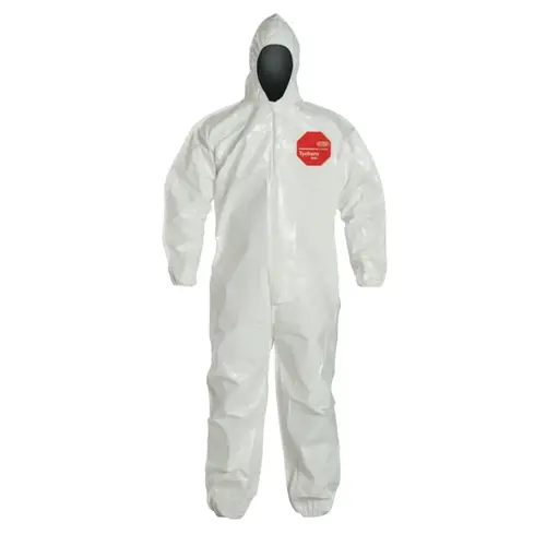 DuPont SL127B-3XL Tychem  4000 Coverall, Bound Seams, Attached Hood, Elastic Wrist and Ankles, Zipper Front, Storm Flap, White, 3X-Large