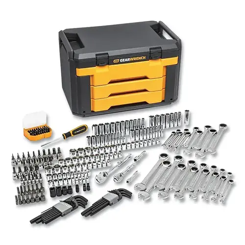 Mechanics Tool Set in 3 Drawer Storage Box, 232 Pc, 1/4 in and 3/8 in Drive, Metric/SAE