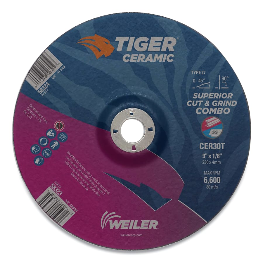 Weiler 58323 Tiger Ceramic Cut/Grind Combo Wheel, T27, 9 in