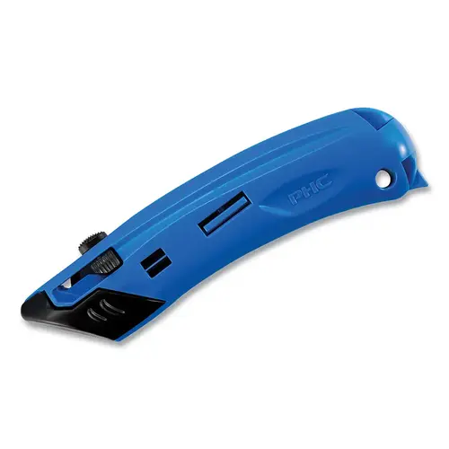 Pacific Handy Cutter E212044 EZ4  Guarded Safety Knife, Auto-Retract, 3-Button, Plastic, Holds 5 Additional Blades, Blue