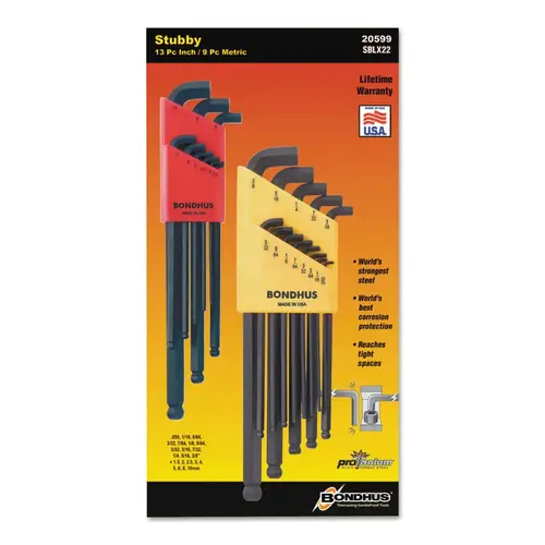 Bondhus 20599 Balldriver Stubby L-Wrench Key Sets, 22 per set, Hex Ball Tip, Inch/Metric