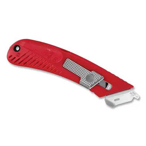 Pacific Handy Cutter E212042 S4  Guarded Safety Knife, S4SL, Auto-Retracting, Button, Left-Handed, Plastic, Holds 5 Additional Blades, Red