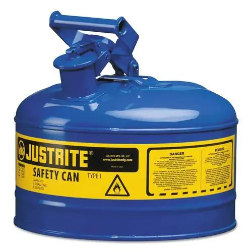 Justrite 7125300 Type l Steel Safety Can, Kerosene, 2.5 gal, Blue, Includes SS Flame Arrestor/Swinging Handle