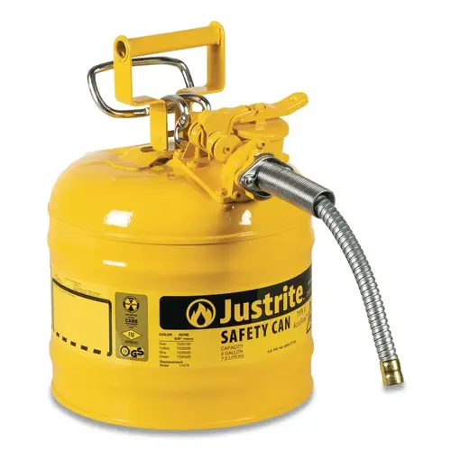Justrite 7220220 Type II AccuFlow  Safety Can, Diesel, 2 gal, Yellow, Includes 5/8 in OD Flexible Metal Hose