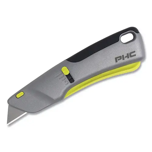 Pacific Handy Cutter E132069 Victa  Safety Knife, 7 in L, Retractable Blade, Carbon Steel, Metal Handle, Green/Silver