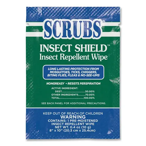 SCRUBS 91401 Insect Shield  Insect Repellent Wipes, 8 in x 10 in, 0.4 oz, Single Premoistened Packets