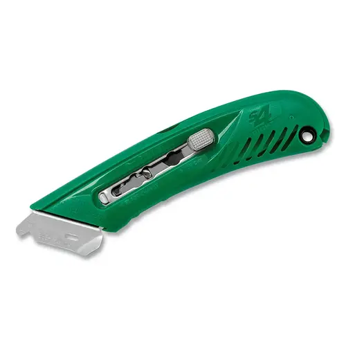 Pacific Handy Cutter E211041 S4  Guarded Safety Knife, S4SR, Auto-Retracting, Button, Right-Handed, Plastic, Holds 5 Additional Blades, Green