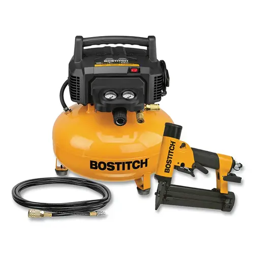 Bostitch BTFP1KITPN Nailer and Compressor Kit, 23 ga Pin Brad Nailer, 6 ga Pancake Compressor, 15 ft PVC Hose