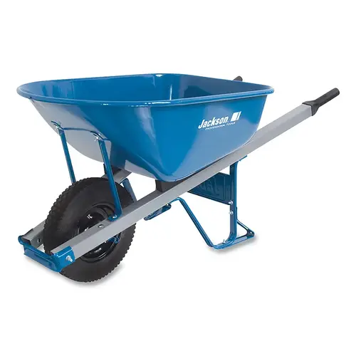 JACKSON PROFESSIONAL TOOLS M6SFFKB Steel Contractors Wheelbarrow, 6 cu ft, 1 Knobby Flatt Free Tire, Blue