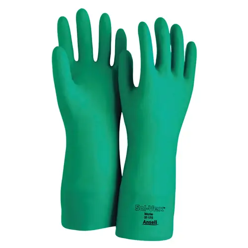 AlphaTec Solvex 371759 37-175 Nitrile Gloves, Gauntlet Cuff, Cotton Flock Lined, Size 9, Green, 17 mil - pack of 12