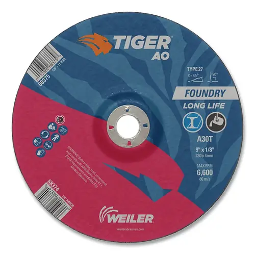 Tiger 68374 Tiger  Grinding Wheel, Combo, 9 in dia x 1/8 in Thick x 7/8 in Arbor, 30 Grit, Aluminum Oxide, Type 27, 25 EA/BX Black - pack of 25