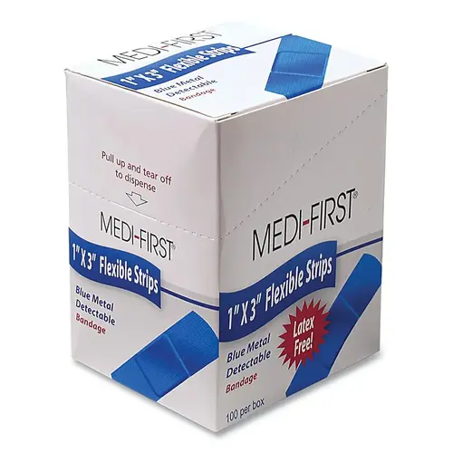 MEDI-FIRST 68033 Blue Metal Detectable Bandage, 1 in W, 3 in L, Strip, Fabric